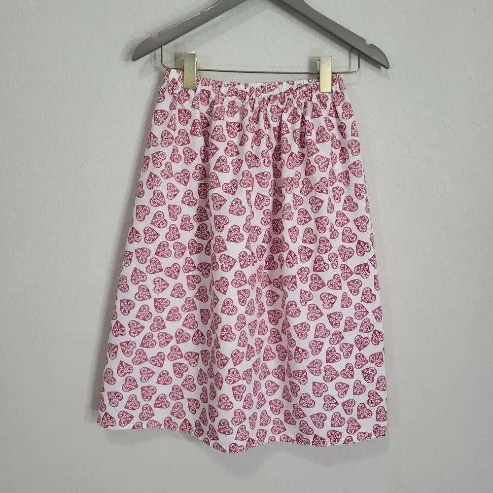Handmade Skirt Womens XS S Heart Bow Print White Red Valentines Spring Summer